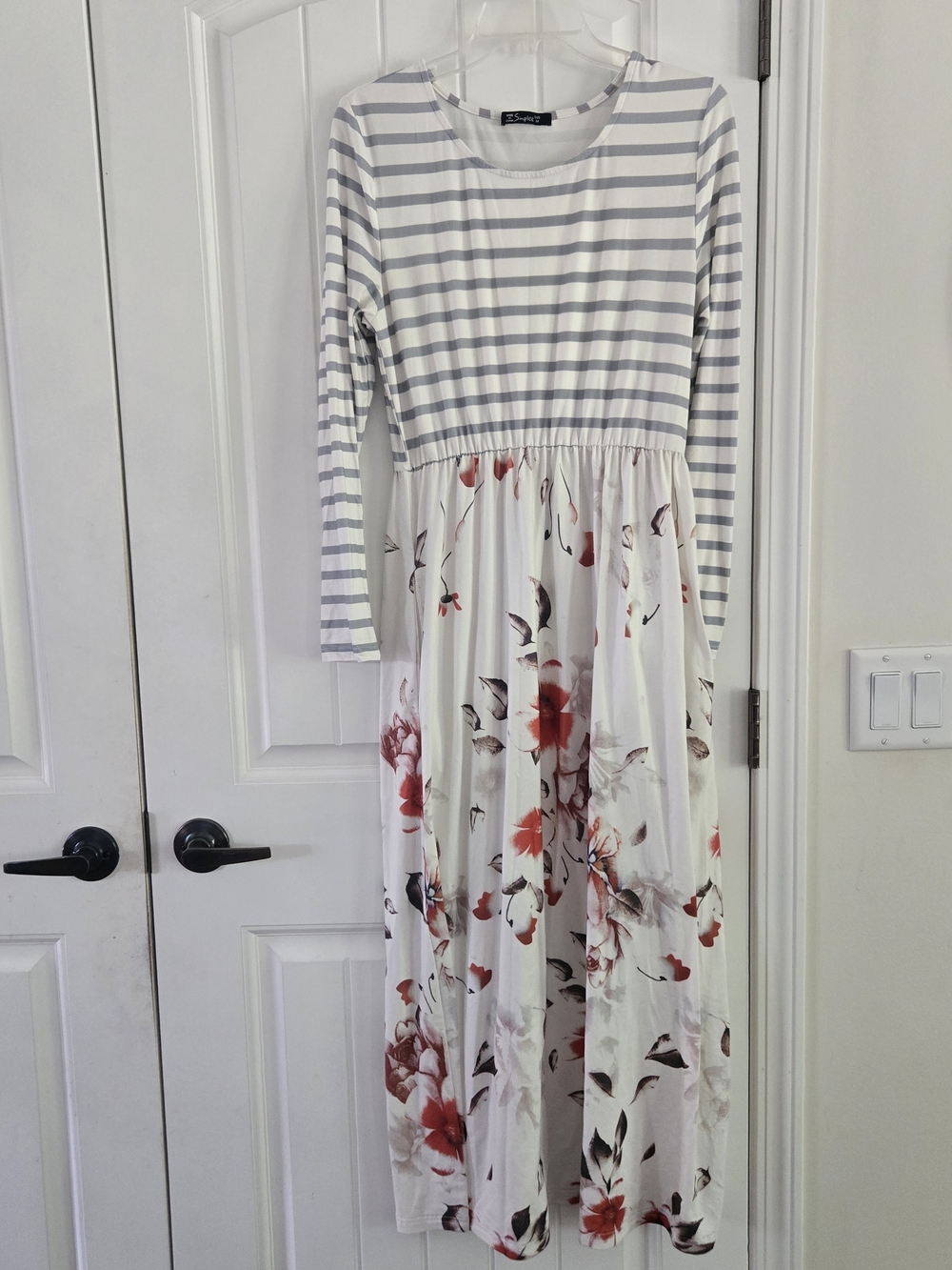 Boho Mixed Print Floral Striped Long Sleeve Maxi Dress M